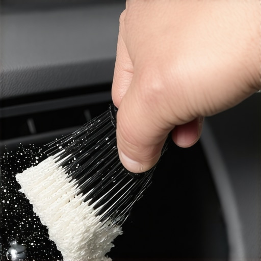 Close-up of a foam brush cleaning a dusty car air vent slat.