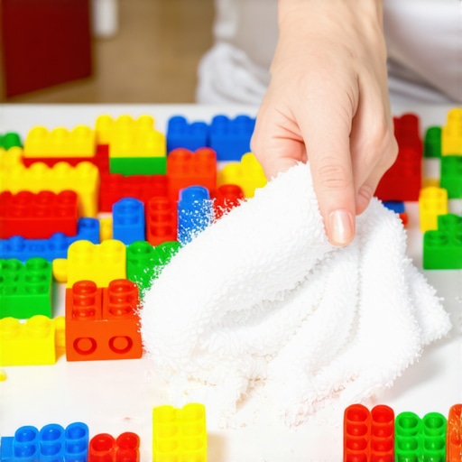 Cleaning construction dust from plastic toys using a microfiber cloth