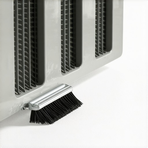 A person using a small brush to remove dust from the metal fins of an electric baseboard heater.