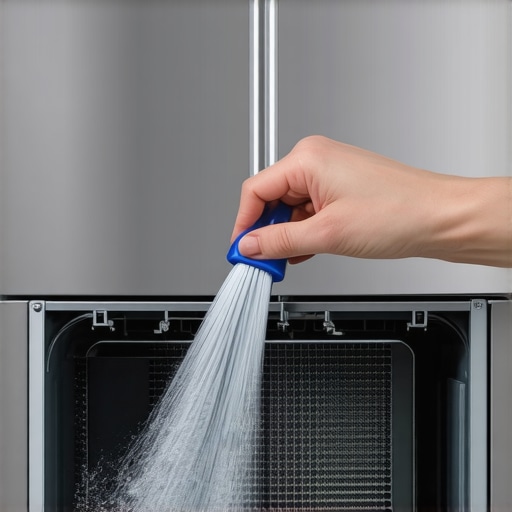 Close-up of a person cleaning thick dust from refrigerator condenser coils using a specialized long brush.
