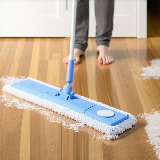 Damp microfiber mop cleaning fine drywall dust from hardwood flooring