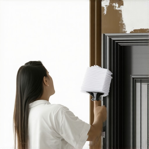 Vacuuming fine white drywall dust from a wooden door frame ledge using a brush attachment.
