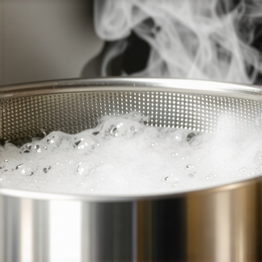A metal range hood filter being cleaned in a pot of boiling water and baking soda.