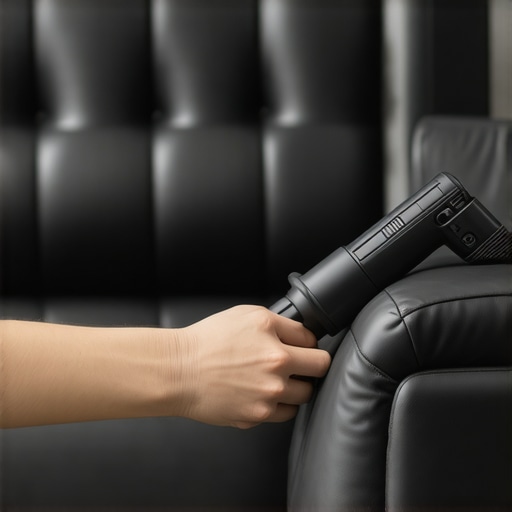 A close-up of a flexible vacuum tool reaching deep into leather sofa seams to remove pet dander and dust.