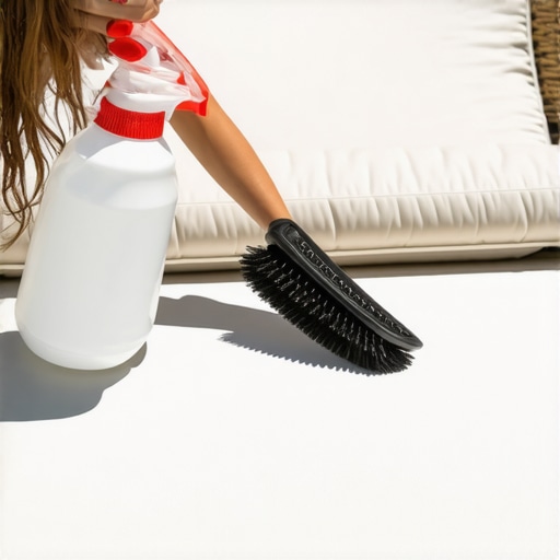 A person applying cleaning solution to a stained outdoor cushion