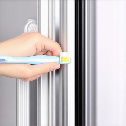Close-up of cleaning mold and crumbs from a refrigerator door seal using a toothbrush and vinegar solution.
