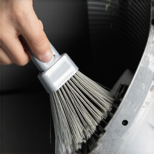 Close-up of a brush scrubbing dust off tower fan blades