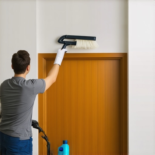 A person vacuuming dust from the top of a door frame to follow top-down cleaning rules.