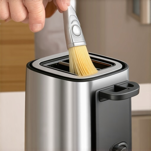 Close-up of a pastry brush removing crumbs from inside a toaster