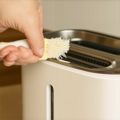 A soft brush being used to safely remove debris from the interior of a toaster.