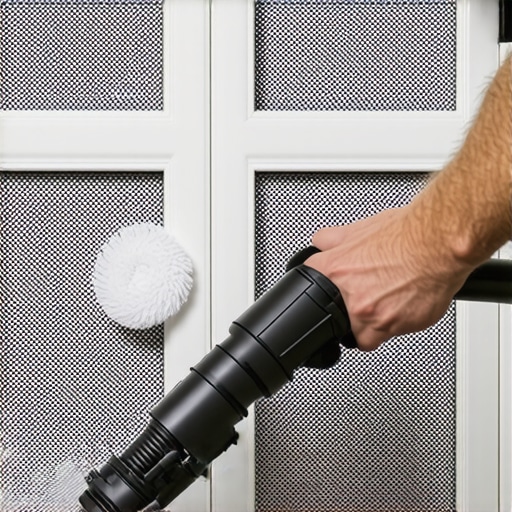 A handheld vacuum brush cleaning fine construction dust from a window screen mesh.