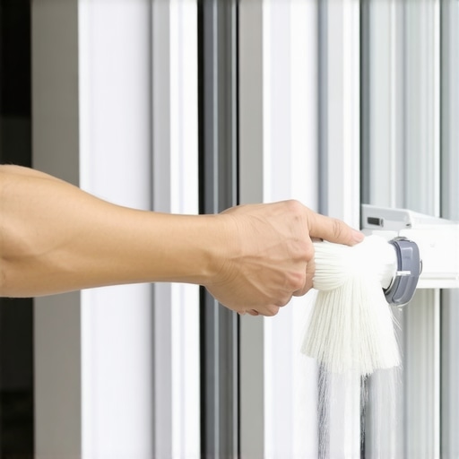 Person cleaning window tracks with a vacuum and brush to remove construction dust.