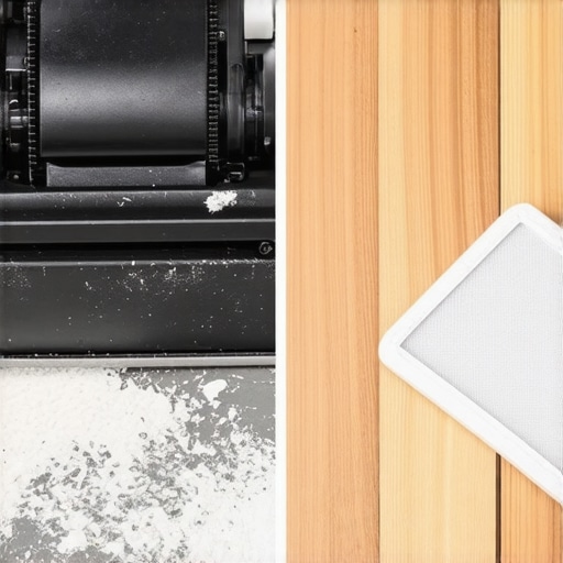 A side-by-side comparison of a vacuum filter saturated with construction dust and a fresh new filter.