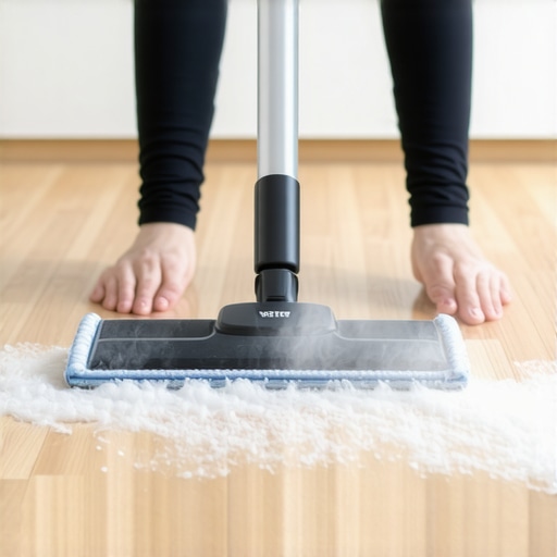 A person using a steam mop on laminate flooring showing cloudy white streaks and moisture damage.