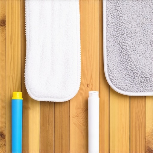 A clean white microfiber pad next to a dirty grey one on a laminate floor to show when to swap pads.