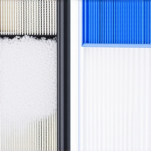 A dirty vacuum filter clogged with fine construction dust next to a new clean filter.