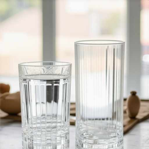 A side by side comparison of a glass with white mineral film and a perfectly clean transparent glass.
