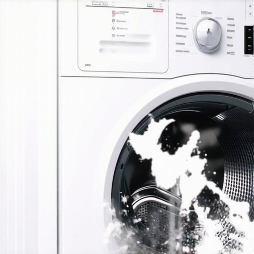Close-up of fine white renovation dust on a washing machine surface highlighting the need for deep cleaning.