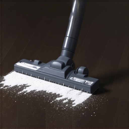 A vacuum nozzle extracting white drywall dust from dark floor crevices after a home remodel.