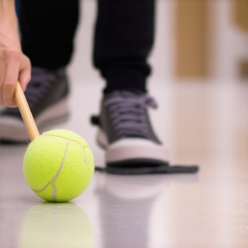 A tennis ball on a broom handle rubbing a black mark off a school floor