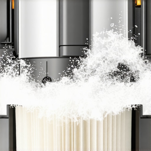 Close up of a dirty vacuum filter clogged with white drywall powder