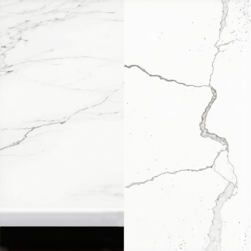 A comparison of polished and etched marble surfaces showing damage from lemon or vinegar.
