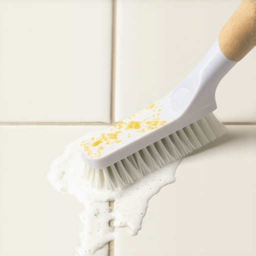 A brush scrubbing foam into dirty tile grout to lift deep stains.
