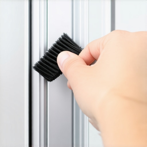 Close-up of a person scrubbing grime out of a sliding glass door track with a specialized brush.
