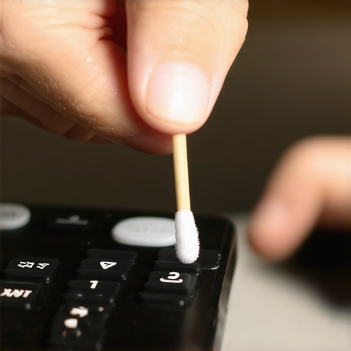 Close-up of cleaning a TV remote with alcohol and a Q-tip to remove germs and grime.