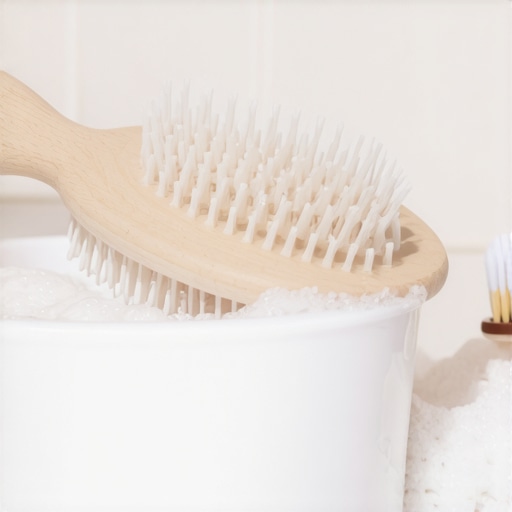 Deep cleaning a hairbrush with a toothbrush and soapy water A person using a toothbrush to scrub a hairbrush over a bowl of cleaning solution