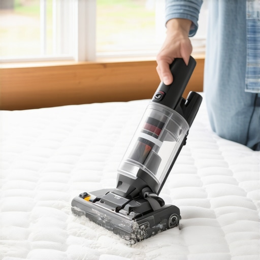 Close up of a person vacuuming a white mattress to remove dust mites and allergens.