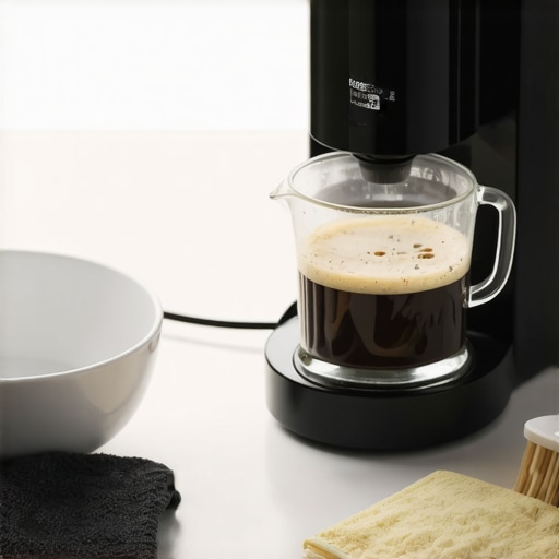 Disassembled coffee machine parts on a kitchen counter for deep cleaning with vinegar and brushes.