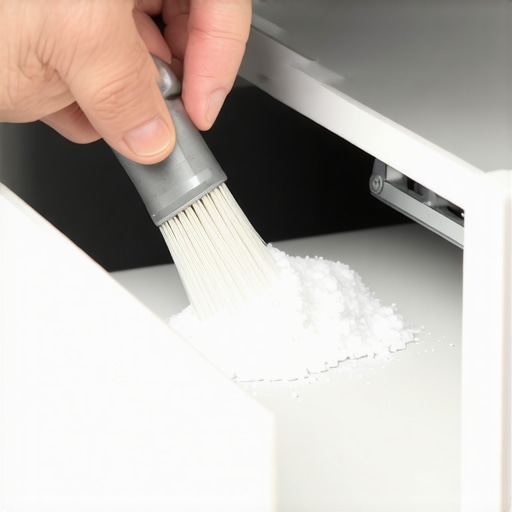 Close-up of cleaning drywall dust from cabinet drawer hardware using a brush and vacuum.