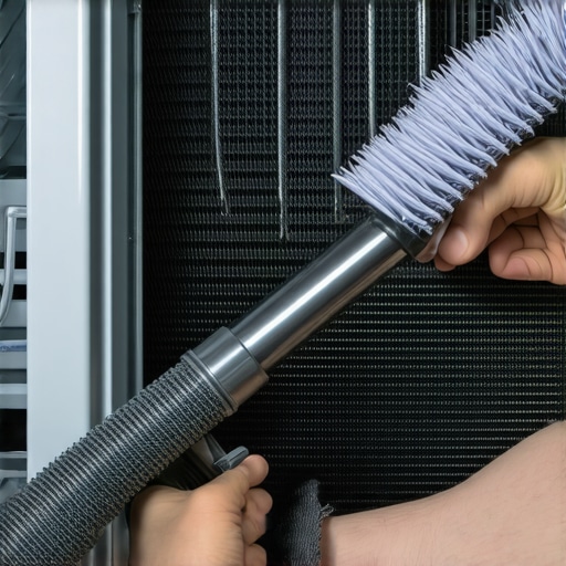 A close up of a person cleaning dusty refrigerator coils with a brush and vacuum.