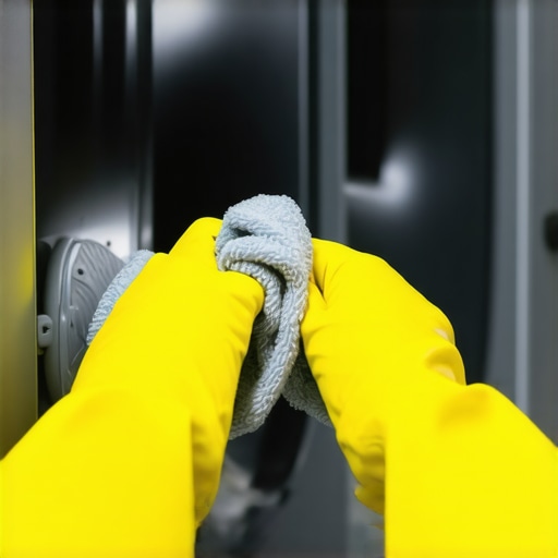 Hands in yellow gloves scrubbing mold out of a front-load washer seal.