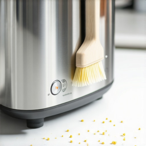Close-up of a person cleaning a toaster with a pastry brush