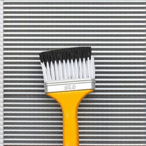 A person carefully cleaning the metal fins of an air conditioner unit to improve efficiency.