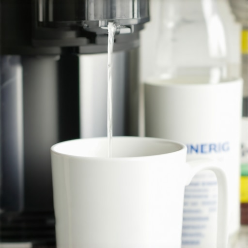 A coffee machine being descaled using white vinegar solution pouring into a mug.