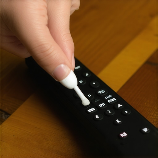 A person using a cotton swab and brush to clean a remote control