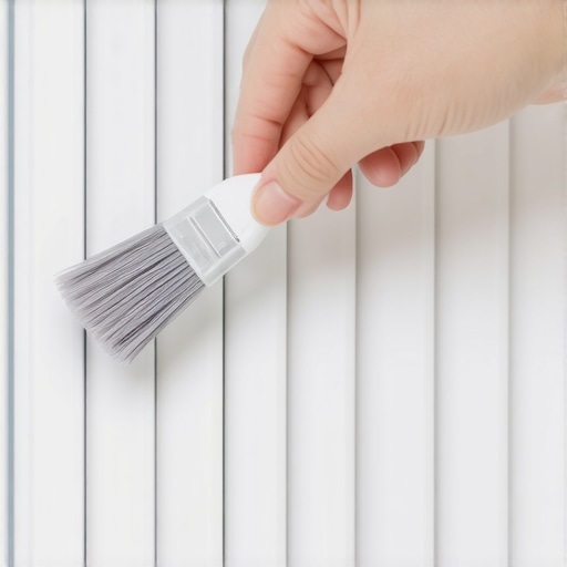 Person cleaning vertical blind tracks with a foam craft brush to remove dust and grit.