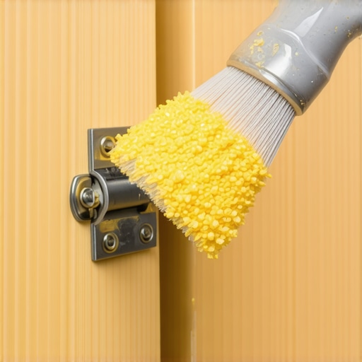 A close-up view of a hand using a stiff detail brush to remove fine wood dust from a kitchen cabinet hinge.