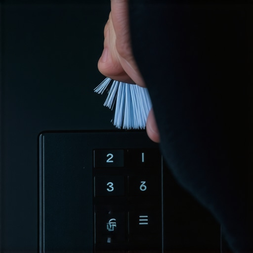 Close-up of a person using a soft brush to clean dust from a keypad