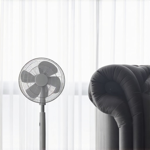 A floor fan and open windows creating a cross-breeze in a renovated living room to remove chemical smells.