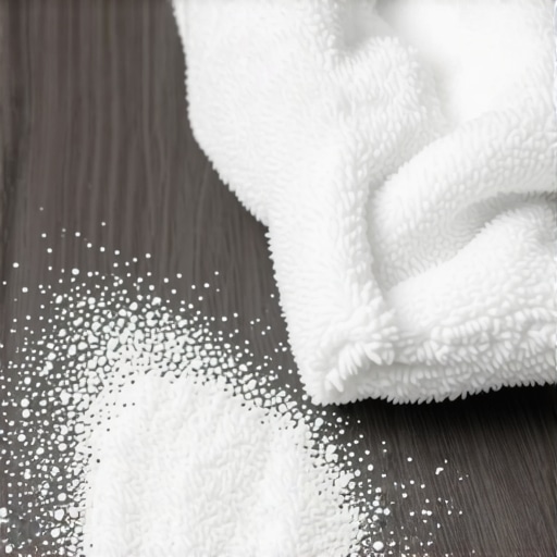Close-up of microfiber cloth wiping white construction dust from a dark wood surface.