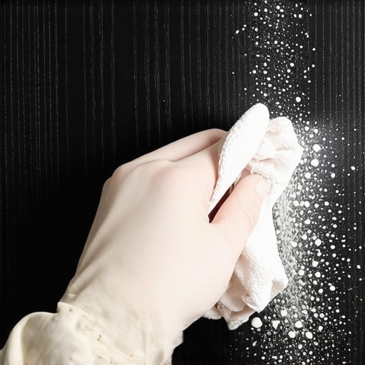 Person cleaning fine white construction dust from a wood surface using a microfiber cloth to prevent airborne particles.