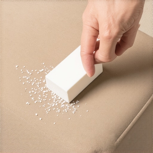 A hand using a suede eraser to clean a tan fabric ottoman.