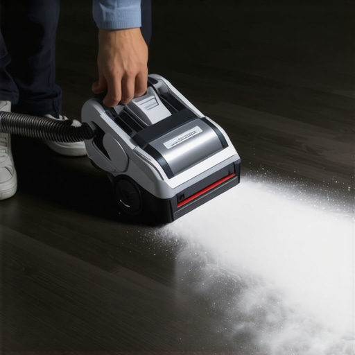 A hand vacuuming fine white drywall dust off a dark wood floor showing a clean path