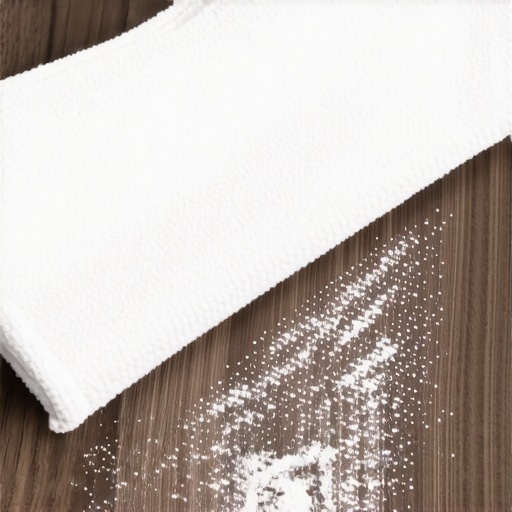 A microfiber cloth trapping fine construction dust on a wooden surface.