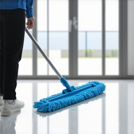 A person cleaning a shiny polished concrete floor with a microfiber dust mop.