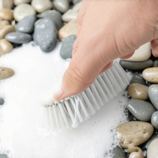Cleaning pebble shower floor with a nylon brush and alkaline solution